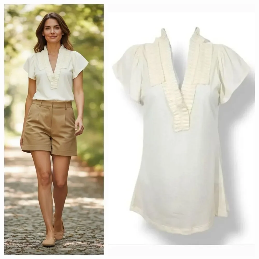 NEW Vintage Y2K Banana Republic Ruffle Pleat Flutter Sleeve Top In Ivory Size XS